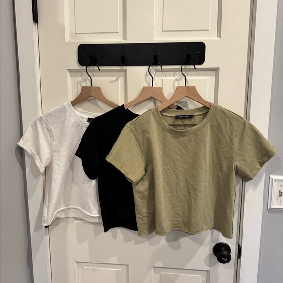 Tops - Set of Three Cropped T-Shirts - White, Black, Olive